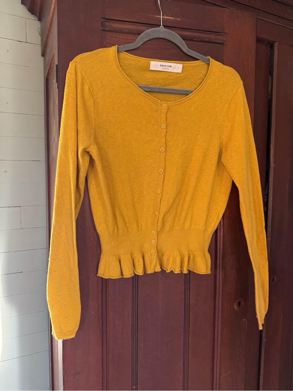 Sparrow by Anthropologie Mustard Yellow Button-Front Ruffle-Hem Cardigan